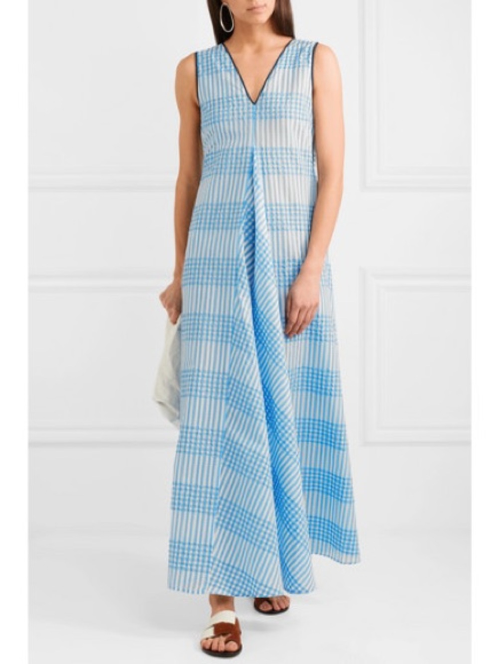 Ganni Charron Checked Cotton blend Seersucker Maxi Dress in blue, medium